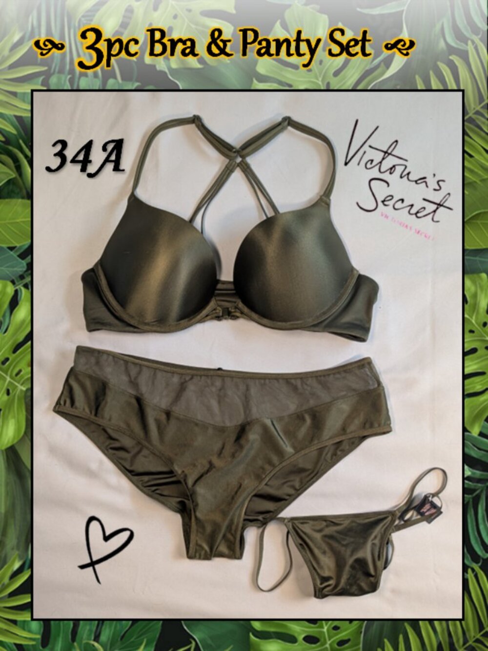 3pc Olive Green Victoria's Secret 34A Bombshell Bra & Medium Panties